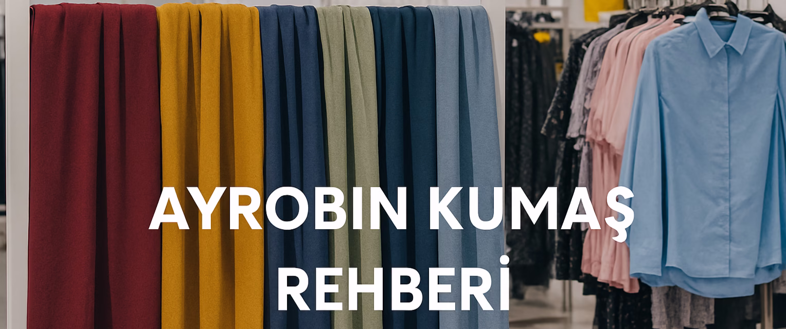 Farklı renklerde ayrobin kumaşların mağaza içinde sergilendiği Ayrobin Kumaş Rehberi kapak görseli.